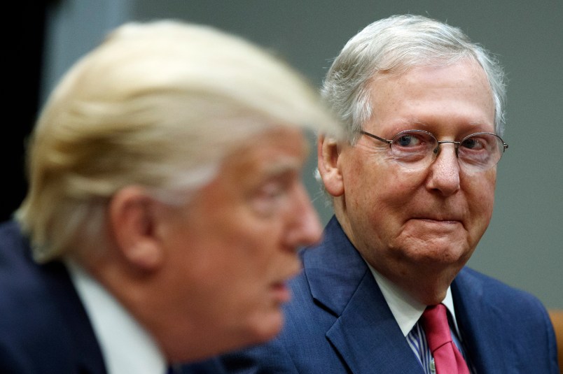 Senate Majority Leader Mitch McConnell, R-Ky., right, listens as President Donald Trump speaks during a meeting with Congressional leaders and administration officials on tax reform, in the Roosevelt Room of the White House, Tuesday, Sept. 5, 2017, in Washington. (AP Photo/Evan Vucci)