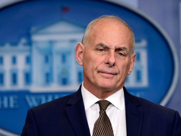White House Chief of Staff John Kelly listen to a reporter's question during the daily briefing at the White House in Washington, Thursday, Oct. 12, 2017. (AP Photo/Susan Walsh)