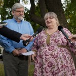 Linda and Patrick Boyle, parents of Joshua Boyle, speak with the media outside their home in Smiths Falls, Ontario, Thursday, Oct. 12, 2017. Canadian Joshua Boyle, his American wife Caitlan Coleman, and their three young children have been released after years held captive by a group that has ties to the Taliban and is considered a terrorist organization by the United States, U.S. and Pakistani officials said Thursday. (Adrian Wyld/The Canadian Press via AP)