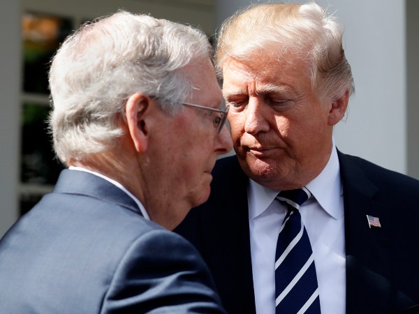 President Donald Trump speaks as he stands next Senate Majority Leader Mitch McConnell of Ky., after their meeting at the White House, Monday, Oct. 16, 2017, in Washington. (AP Photo/Alex Brandon)