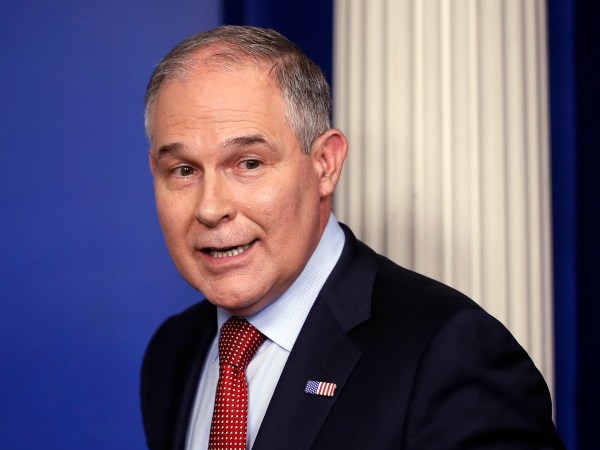 EPA Administrator Scott Pruitt looks back after speaking to the media during the daily briefing in the Brady Press Briefing Room of the White House in Washington, Friday, June 2, 2017. (AP Photo/Pablo Martinez Monsivais)