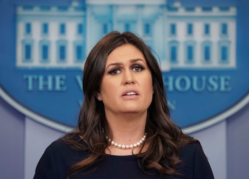 White House press secretary Sarah Huckabee Sanders speaks to the media during the daily briefing in the Brady Press Briefing Room of the White House, Wednesday, Oct. 18, 2017. (AP Photo/Pablo Martinez Monsivais)