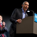 Former President Barack Obama, right, waves to the crowd along with Democratic gubernatorial candidate Lt. Gov., Ralph Northam, during a rally in Richmond, Va., Thursday, Oct. 19, 2017.  (AP Photo/Steve Helber)