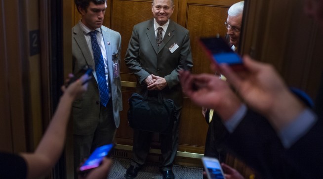 UNITED STATES - OCTOBER 31: Alabama Republican Senate nominee Roy Moore is questioned by the media in the Capitol on October 31, 2017.  (Photo By Tom Williams/CQ Roll Call)
