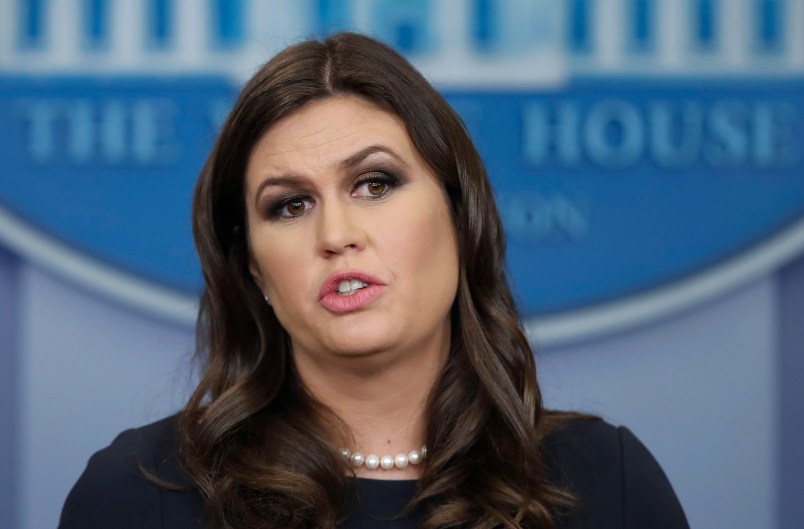 White House press secretary Sarah Huckabee Sanders speaks during a press briefing at the White House, Tuesday, Oct. 31, 2017, in Washington. (AP Photo/Alex Brandon)