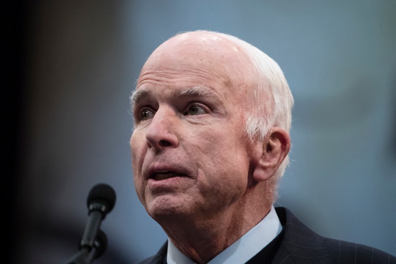 Sen. John McCain, R-Ariz., speaks after he received the Liberty Medal from the National Constitution Center in Philadelphia, Monday, Oct. 16, 2017. The honor is given annually to an individual who displays courage and conviction while striving to secure liberty for people worldwide. (AP Photo/Matt Rourke)