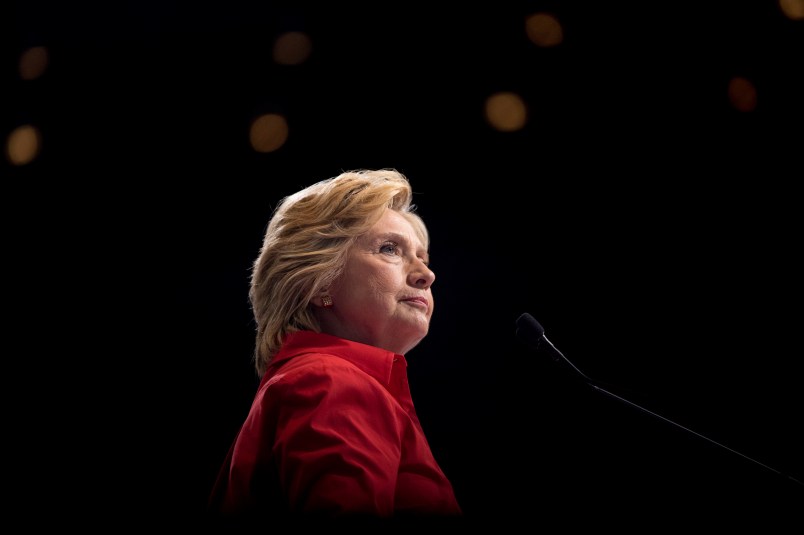 Democratic presidential candidate Hillary Clinton pauses while speaking at a rally at David L. Lawrence Convention in Pittsburgh, Saturday, July 30, 2016. Clinton and Kaine are on a three day bus tour through the rust belt. (AP Photo/Andrew Harnik)