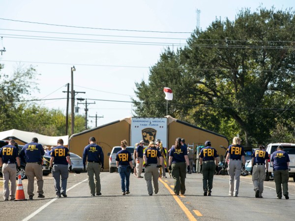 FBI agents search for evidence on FM 539 at First Baptist Church in Sutherland Springs on Monday November 6, 2017.  (AP Photo/Austin American-Statesman, Jay Janner)
