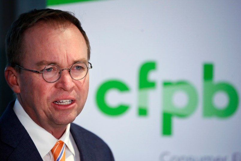 Mick Mulvaney speaks during a news conference after his first day as acting director of the Consumer Financial Protection Bureau in Washington, Monday, Nov. 27, 2017. (AP Photo/Jacquelyn Martin)