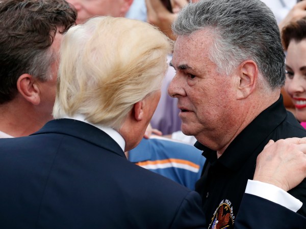 President Donald Trump, left, talks with Rep. Peter King, R-N.Y., during the Congressional Picnic on the South Lawn of the White House, Thursday, June 22, 2017, in Washington. (AP Photo/Alex Brandon)