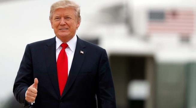 President Donald Trump gives thumbs up as he boards Air Force One as he departs Wednesday, Oct. 11, 2017, at Andrews Air Force Base, Md. Trump is going to Harrisburg, Pa. (AP Photo/Alex Brandon)