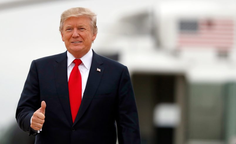 President Donald Trump gives thumbs up as he boards Air Force One as he departs Wednesday, Oct. 11, 2017, at Andrews Air Force Base, Md. Trump is going to Harrisburg, Pa. (AP Photo/Alex Brandon)
