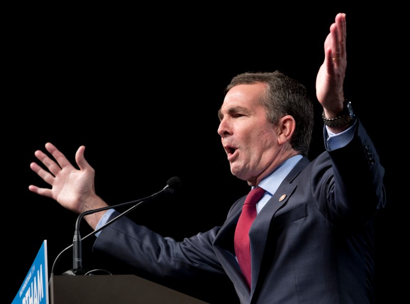 Democratic gubernatorial candidate Lt. Gov., Ralph Northam, gestures during a rally in Richmond, Va., Thursday, Oct. 19, 2017.  (AP Photo/Steve Helber)