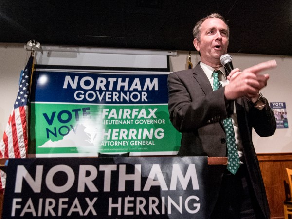 Lt. Gov. Ralph Northam, Democratic candidate for governor, fires up the crowd at a Democratic Party victory rally in downtown Harrisonburg, Va., Monday, Oct. 30, 2017, as part of his campaign.(AP Photo/Daily News-Record, Daniel Lin)