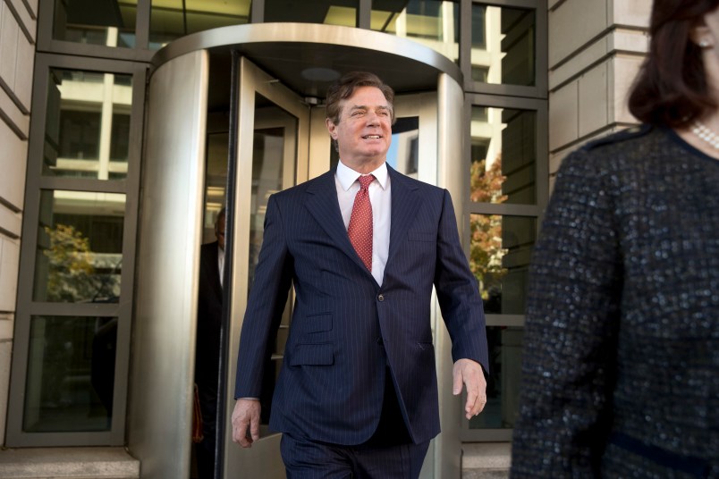 Paul Manafort, President Donald Trump's former campaign chairman, departs Federal District Court, Thursday, Nov. 2, 2017, in Washington. (AP Photo/Andrew Harnik)