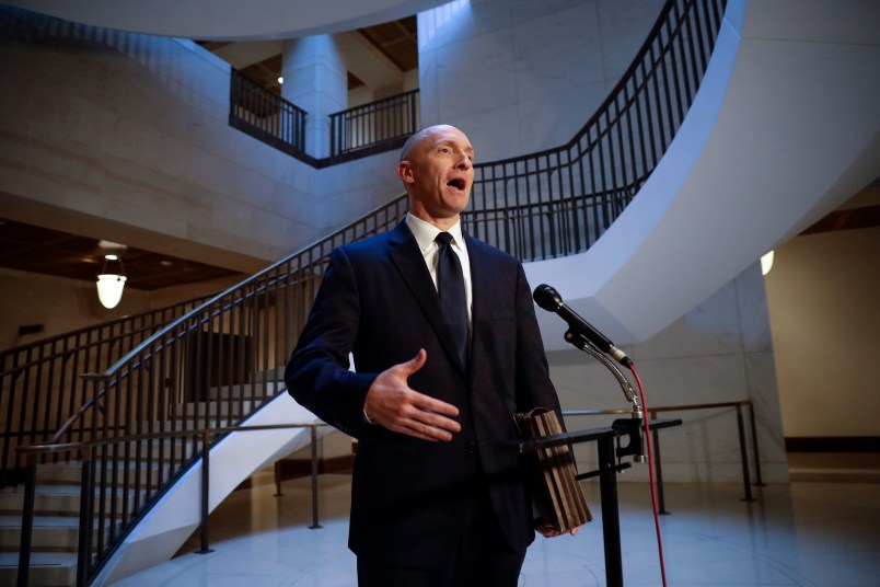 Carter Page, a foreign policy adviser to Donald Trump’s 2016 presidential campaign, speaks with reporters briefly following a day of questions from the House Intelligence Committee, on Capitol Hill in Washington, Thursday, Nov. 2, 2017. (AP Photo/J. Scott Applewhite)