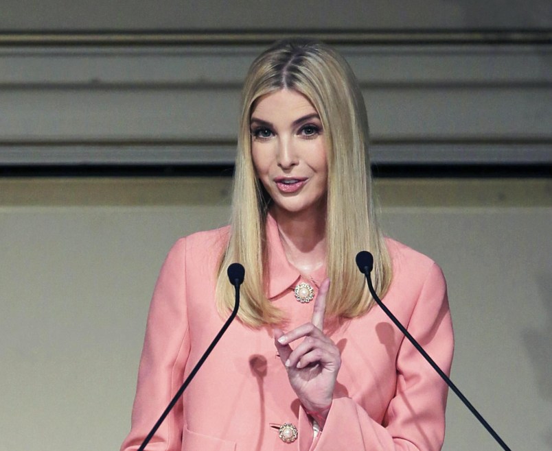 Ivanka Trump, the eldest daughter of U.S. President Donald Trump and an adviser to her father, speaks during the 2017 World Assembly for Women (WAW!) in Tokyo on Nov.3, 2017. Ivanka will have dinner with Japan’s Prime Minister Shinzo Abe on same day and is considering shopping in the Gizna district on next day.( The Yomiuri Shimbun via AP Images )