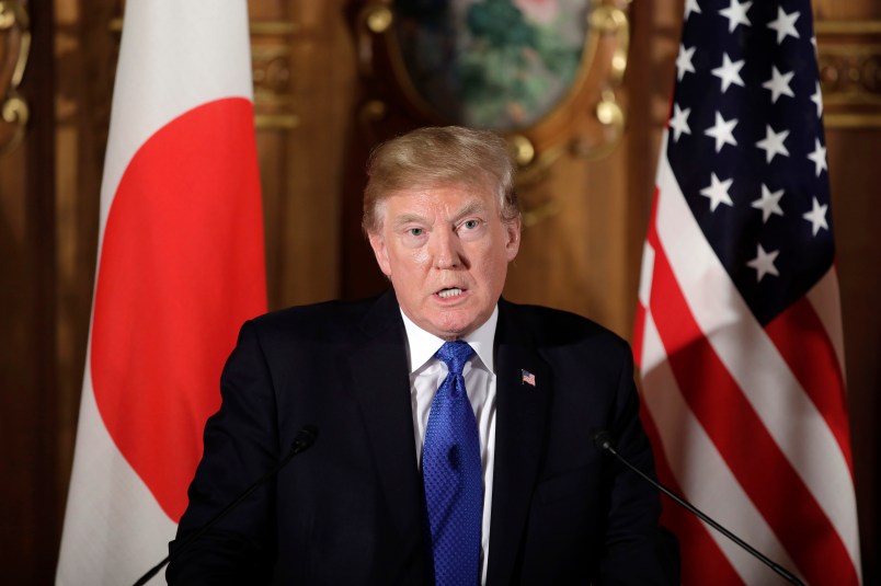 U.S. President Donald Trump speaks during a news conference with Shinzo Abe, Japan's prime minister, not pictured, at Akasaka Palace in Tokyo, Japan, on Monday, Nov. 6, 2017. Photographer: Kiyoshi Ota/Bloomberg