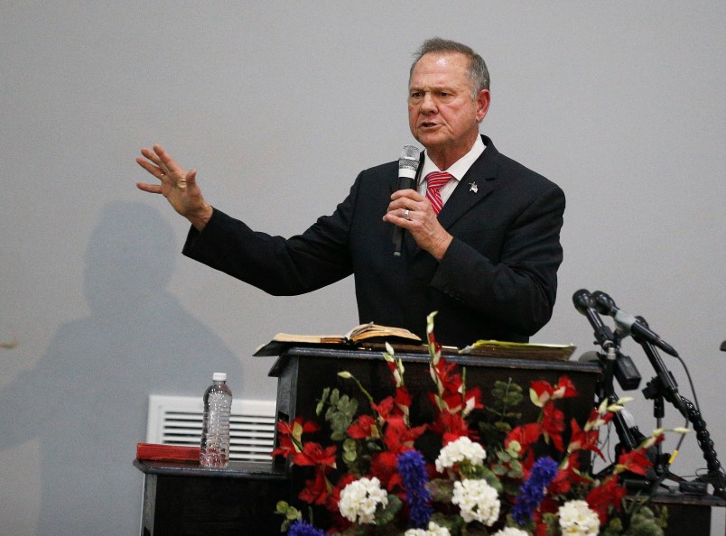 Former Alabama Chief Justice and U.S. Senate candidate Roy Moore speaks at a revival, Tuesday, Nov. 14, 2017, in Jackson, Ala. (AP Photo/Brynn Anderson)