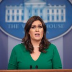 President Donald Trump and White House press secretary Sarah Huckabee Sanders speak to the media during the daily briefing in the Brady Press Briefing Room of the White House, Thursday, Nov. 16, 2017. (AP Photo/Pablo Martinez Monsivais)