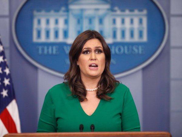 President Donald Trump and White House press secretary Sarah Huckabee Sanders speak to the media during the daily briefing in the Brady Press Briefing Room of the White House, Thursday, Nov. 16, 2017. (AP Photo/Pablo Martinez Monsivais)