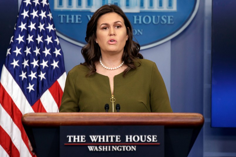 White House press secretary Sarah Huckabee Sanders speaks during the daily press briefing at the White House, Thursday, Nov. 30, 2017, in Washington. (AP Photo/Evan Vucci)