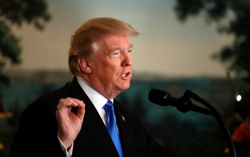 President Donald Trump speaks in the Diplomatic Reception Room of the White House, Wednesday, Dec. 6, 2017, in Washington. Trump recognized Jerusalem as Israel's capital despite intense Arab, Muslim and European opposition to a move that would upend decades of U.S. policy and risk potentially violent protests. (AP Photo/Alex Brandon)