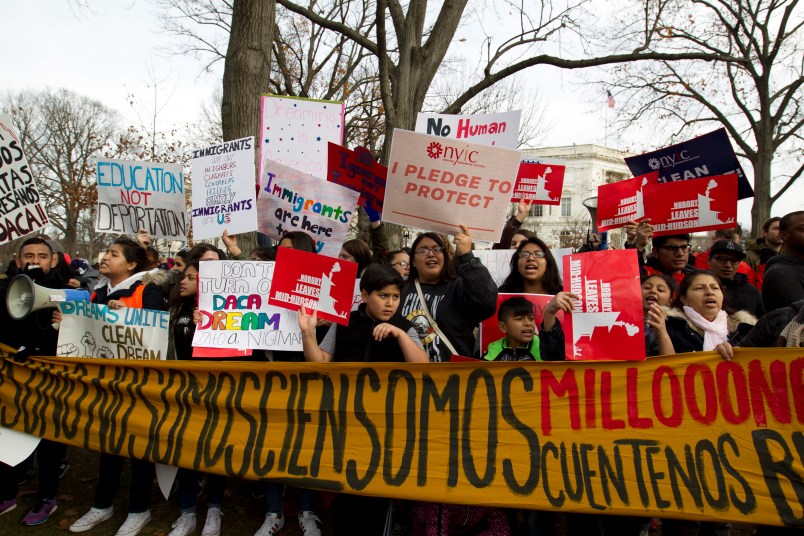 Demonstrators march during an Immigration rally in support of the Deferred Action for Childhood Arrivals (DACA), and Temporary Protected Status (TPS), programs, at Capitol Hill in Washington, Wednesday, Dec. 6, 2017. ( AP Photo/Jose Luis Magana)