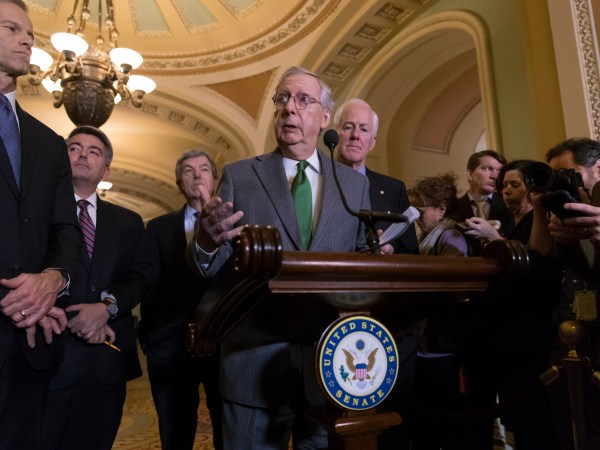 Senate Majority Leader Mitch McConnell, R-Ky., center, joined by, from left, Sen. John Thune, R-S.D., Sen. Cory Gardner, R-Colo., Sen. Roy Blunt, R-Mo., and Majority Whip John Cornyn, R-Texas, speaks to reporters about the GOP tax bill following a closed-door strategy session on Capitol Hill in Washington, Tuesday, Dec. 12, 2017.  (AP Photo/J. Scott Applewhite)
