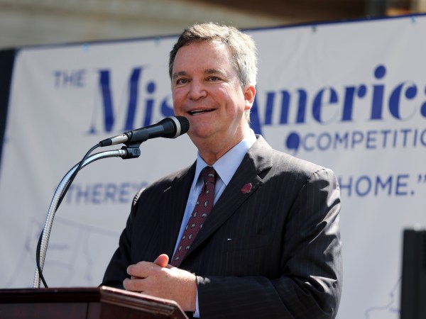 Sam Haskell, left, CEO of Miss America Organization, speaks during Miss America Pageant arrival ceremonies Tuesday, Aug. 30, 2016, in Atlantic City. The contestants from all 50 states, the District of Columbia and Puerto Rico were welcomed to the city Tuesday afternoon to kick off two weeks that will culminate in the crowning of the 2017 Miss America on Sept. 11. (AP Photo/Mel Evans)
