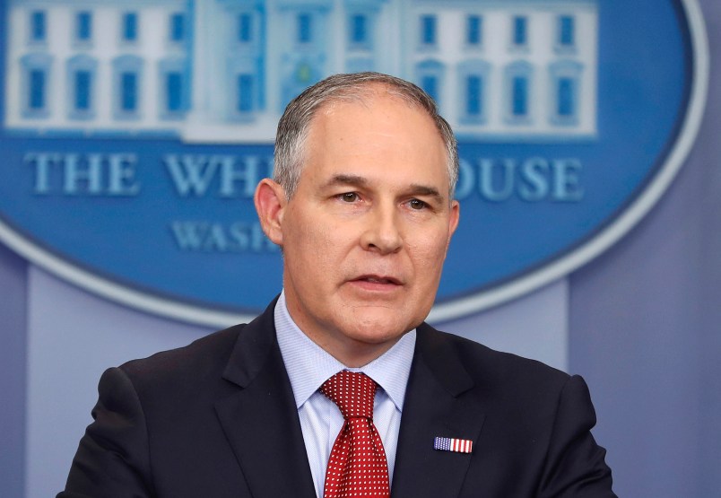 FILE - In this June 2, 2017 file photo, EPA Administrator Scott Pruitt speaks in the Brady Press Briefing Room of the White House in Washington. The inspector general at the EPA has opened an inquiry into Pruitt’s frequent taxpayer-funded travel to his home in Oklahoma. (AP Photo/Pablo Martinez Monsivais, File)