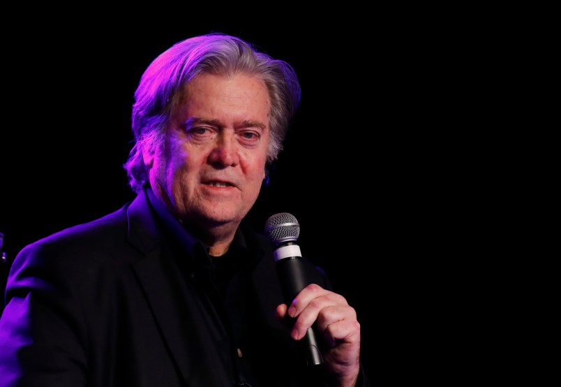 Steve Bannon, the former chief strategist to President Donald Trump, speaks at the Macomb County Republican Party dinner in Warren, Mich., Wednesday, Nov. 8, 2017. The event takes place on the anniversary of the elction that put Trump in the White House.  (AP Photo/Paul Sancya)