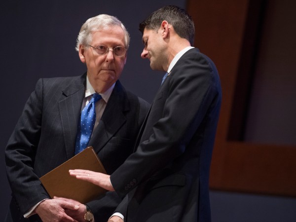 UNITED STATES - NOVEMBER 09: Senate Majority Leader Mitch McConnell, R-Ky., left, and Speaker of the House Paul Ryan, R-Wis., attend a U.S. Capitol Police Medal of Honor ceremony in the Congressional Auditorium on November 9, 2017. Special Agents Crystal Griner and David Bailey of the U.S. Capitol Police and three officers from the Alexandria Police Department received the USCP's Medal of Honor for their actions during the GOP baseball practice shooting in June. (Photo By Tom Williams/CQ Roll Call)
