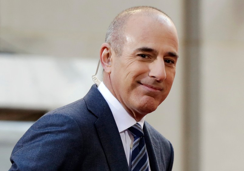 Matt Lauer, co-host of the NBC "Today" television program, appears on set in Rockefeller Plaza, in New York, Thursday, April 21, 2016. (AP Photo/Richard Drew)