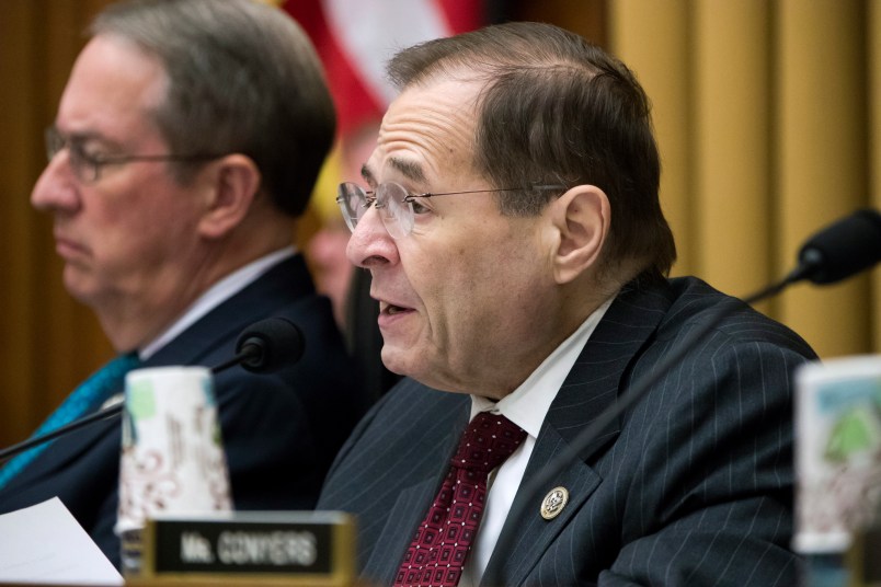Rep. Jerrold Nadler, D-N.Y., joined at left by House Judiciary Committee Chairman Bob Goodlatte, R-Va., makes a statement as the Republican-controlled panel crafts a bill to expand gun owners' rights, the first gun legislation since mass shootings in Las Vegas and Texas killed more than 80 people, on Capitol Hill in Washington, Wednesday, Nov. 29, 2017. Rep. Nadler, whose district includes parts of Manhattan and the Bronx in New York, becomes the ranking member on the Judiciary Committee, a position which was vacated by Rep. John Conyers, D-Mich., amid a congressional investigation of sexual harassment.  (AP Photo/J. Scott Applewhite)