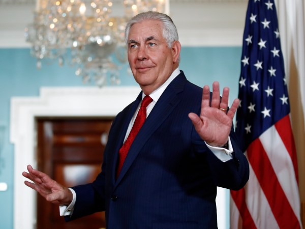 Secretary of State Rex Tillerson turns to leave after a media opportunity with Libyan Prime Minister Fayez al-Sarraj at the State Department in Washington, Friday, Dec. 1, 2017. (AP Photo/Carolyn Kaster)