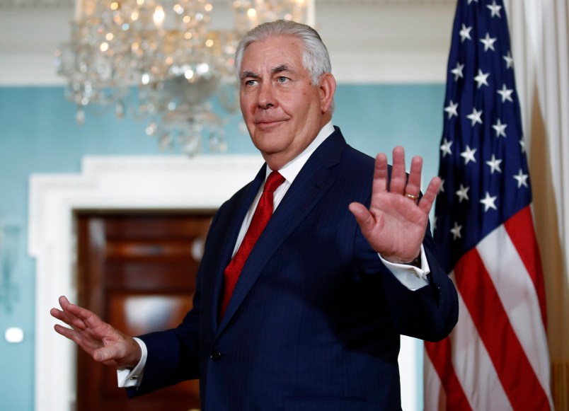 Secretary of State Rex Tillerson turns to leave after a media opportunity with Libyan Prime Minister Fayez al-Sarraj at the State Department in Washington, Friday, Dec. 1, 2017. (AP Photo/Carolyn Kaster)