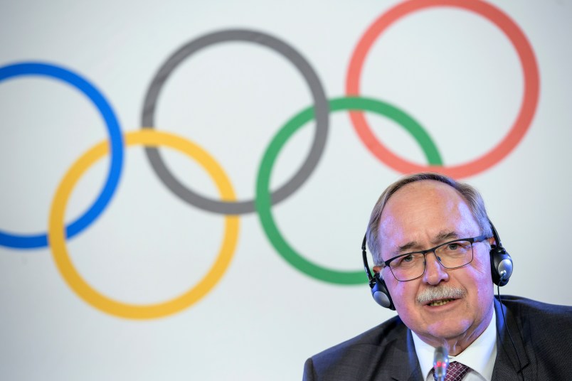 Samuel Schmid, President of the IOC Inquiry Commission and former President of Switzerland, reacts during a press conference after an Executive Board meeting, in Lausanne, Switzerland, Tuesday, December 5, 2017. (KEYSTONE/Jean-Christophe Bott)