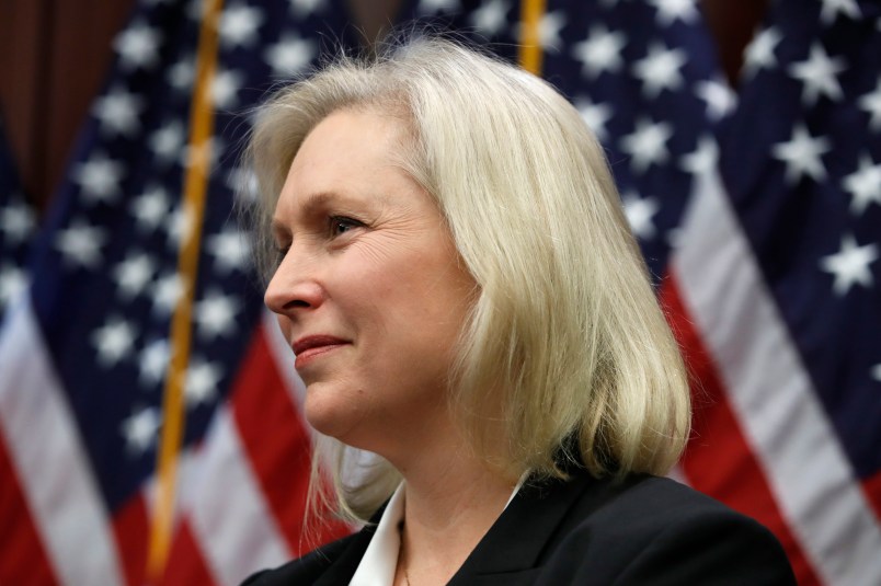 Sen. Kirsten Gillibrand, D-N.Y., listens during a news conference on sexual harassment, Wednesday, Dec. 6, 2017, on Capitol Hill in Washington. (AP Photo/Jacquelyn Martin)