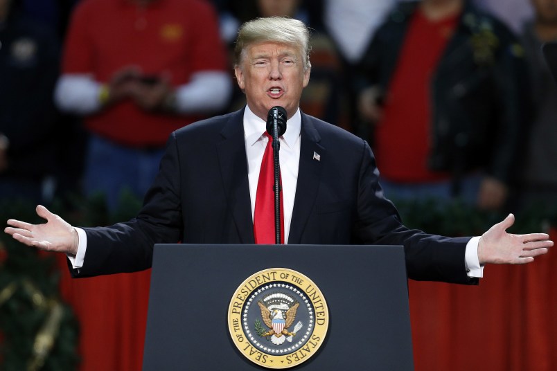 President Donald Trump speaks during a rally in Pensacola, Fla., Friday, December 8, 2017. (AP Photo/Jonathan Bachman)