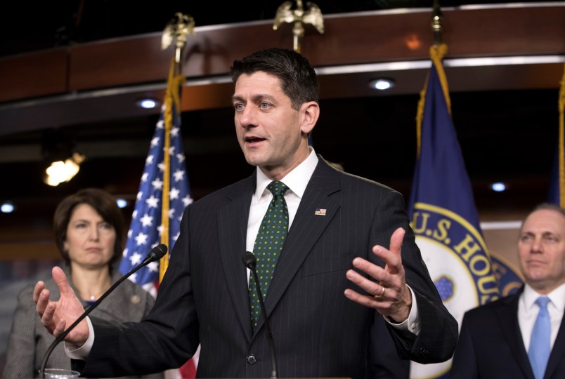 Speaker of the House Paul Ryan, R-Wis., flanked by Rep. Cathy McMorris Rodgers, R-Wash., left, and House Majority Whip Steve Scalise, R-La., updates reporters on the GOP tax bill following their weekly policy meeting, on Capitol Hill in Washington, Tuesday, Dec. 12, 2017.  (AP Photo/J. Scott Applewhite)