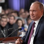 Russian President Vladimir Putin smiles during his annual news conference in Moscow, Russia, Thursday, Dec. 14, 2017. (Alexei Nikolsky, Sputnik, Kremlin Pool Photo via AP)