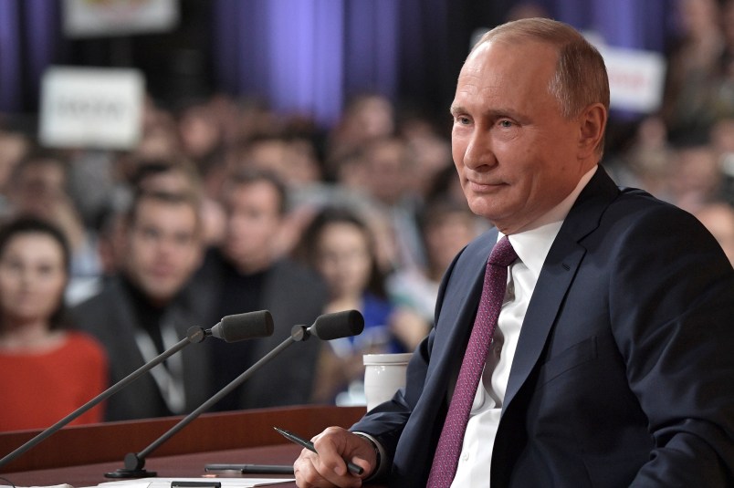 Russian President Vladimir Putin smiles during his annual news conference in Moscow, Russia, Thursday, Dec. 14, 2017. (Alexei Nikolsky, Sputnik, Kremlin Pool Photo via AP)