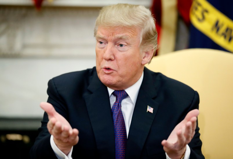 President Donald Trump speaks before a meeting with congressional leaders including Vice President Mike Pence, House Speaker Paul Ryan of Wis., House Minority Leader Nancy Pelosi of Calif., Senate Majority Leader Mitch McConnell of Ky., Senate Minority Leader Chuck Schumer of N.Y., Defense Secretary Jim Mattis, in the Oval Office of the White House, Thursday, Dec. 7, 2017, in Washington. (AP Photo/Alex Brandon)