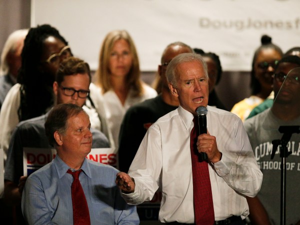 Former Vice President Joe Biden speaks at a rally to campaign for Democrat Doug Jones in the race to fill Attorney General Jeff Sessions' former Senate seat, Tuesday, Oct. 3, 2017, in Birmingham, Ala. (AP Photo/Brynn Anderson)