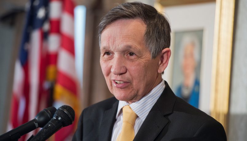 UNITED STATES - APRIL 17: Former Rep. Dennis Kucinich, D-Ohio, speaks at an event at the Capitol Hill Club to launch of the Ron Paul Institute for Peace and Prosperity. (Photo By Tom Williams/CQ Roll Call)