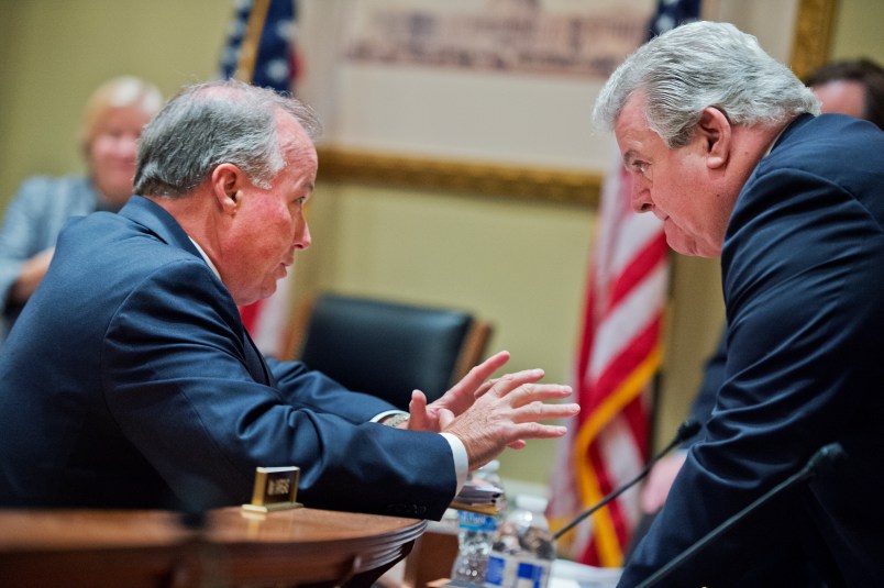 UNITED STATES - JUNE 03: Ed Cassidy, left, Chief Administrative Officer of the House, talks with Rep. Bob Brady, D-Pa., after a House Administration Committee hearing in Longworth Building titled "House Officer Priorities for 2016 and Beyond," June 3, 2015. (Photo By Tom Williams/CQ Roll Call)