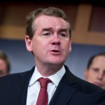 UNITED STATES - OCTOBER 01: Sen. Michael Bennet, D-Colo., speaks during a news conference in the Capitol's Senate studio, October 1, 2015, to introduce the Iran Policy Oversight Act of 2015. Sens. Mark Warner, D-Va., left, and Ron Wyden, D-Ore., also appear. (Photo By Tom Williams/CQ Roll Call)