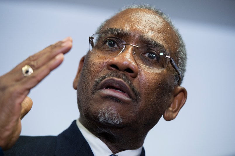 UNITED STATES - FEBRUARY 11: Rep. Gregory Meeks, D-N.Y., chairman of the Congressional Black Caucus PAC, conducts a news conference at the DNC where members of the CBC PAC endorsed Hillary Clinton for president, February 11, 2016. (Photo By Tom Williams/CQ Roll Call)