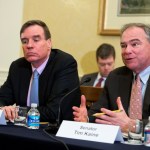 UNITED STATES - APRIL 13: Sens. Tim Kaine, D-Va., and Mark Warner, D-Va., attend a meeting with Paul Wiedefeld, General Manager of the D.C. Metro, during a discussion about the safety of the system, April 13, 2016. Sens. Barbara Mikulski, D-Md., and Ben Cardin, D-Md., also attended. (Photo By Tom Williams/CQ Roll Call)